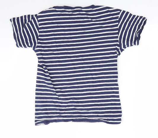 POP Womens Blue Striped Basic T-Shirt Size S Round Neck - Buttons on one shoulder