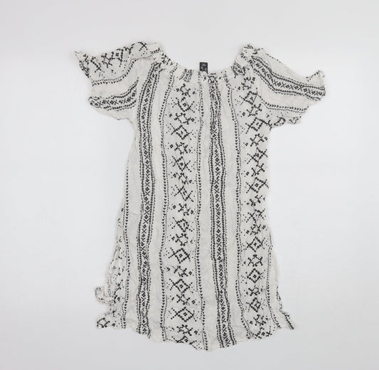 New Look Womens White Geometric Viscose Basic Blouse Size S Off the Shoulder