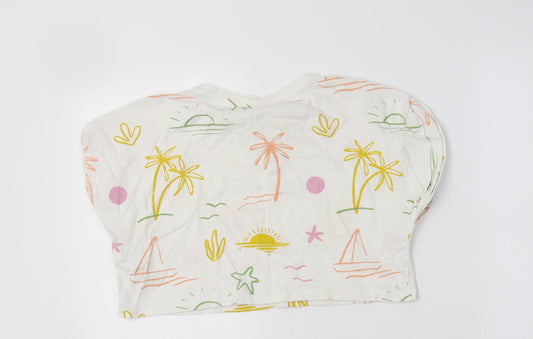 Zara Girls White Geometric Cotton Cropped Polo Size 6 Years Crew Neck - Palm Tree& Sun Print