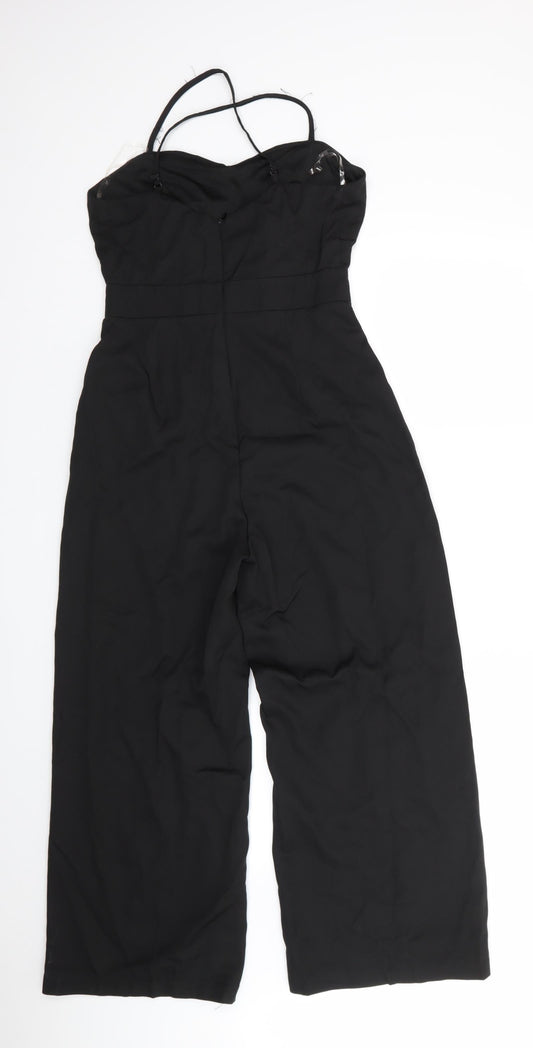 Boohoo Womens Black Polyester Jumpsuit One-Piece Size 8 L25 in - Back Zip Cross Over Straps Cropped