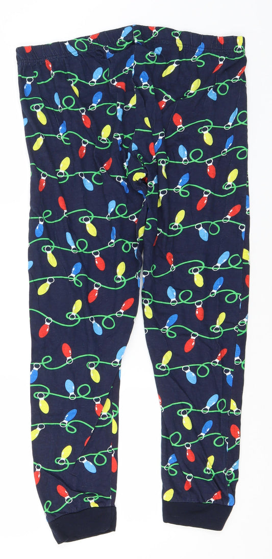 Ladies Womens Blue Geometric Cotton Trousers Size 16 L25 in Regular - Christmas