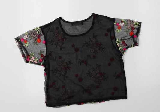Select Womens Black Floral Polyester Cropped T-Shirt Size 8 Crew Neck