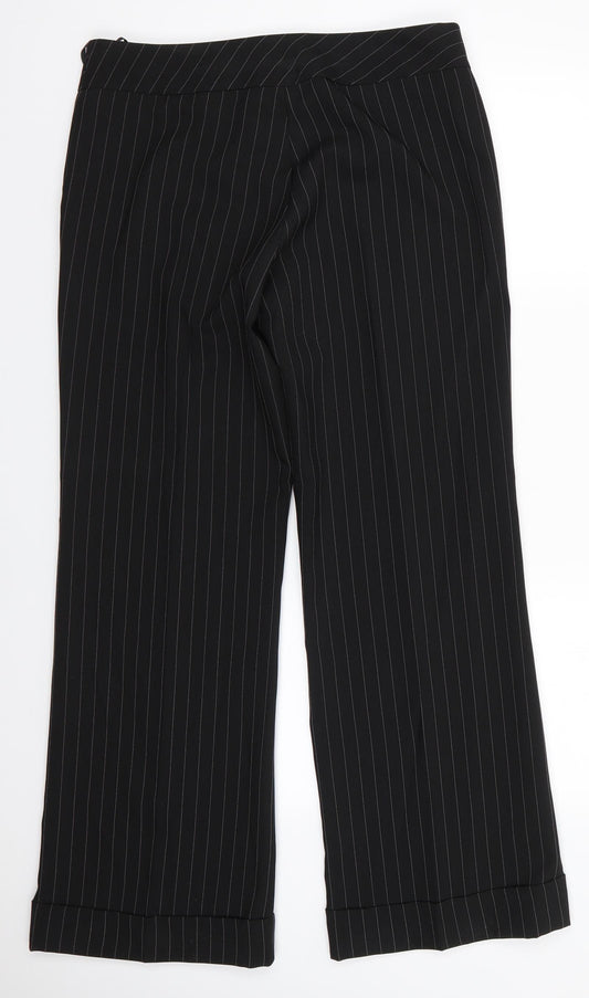 Dorothy Perkins Womens Black Striped Polyester Trousers Size 14 L30.5 in Regular - White Stripe Turn Ups