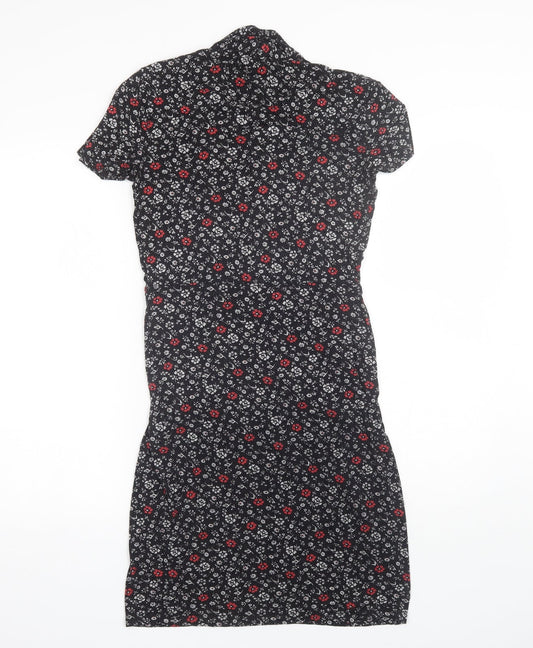 Papaya Womens Black Floral Viscose Shift Size 8 V-Neck
