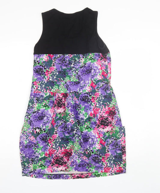 Internationale Womens Purple Floral Cotton Shift Size 14 Round Neck