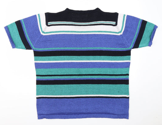 EWM Womens Blue Round Neck Striped Polyester Pullover Jumper Size XL