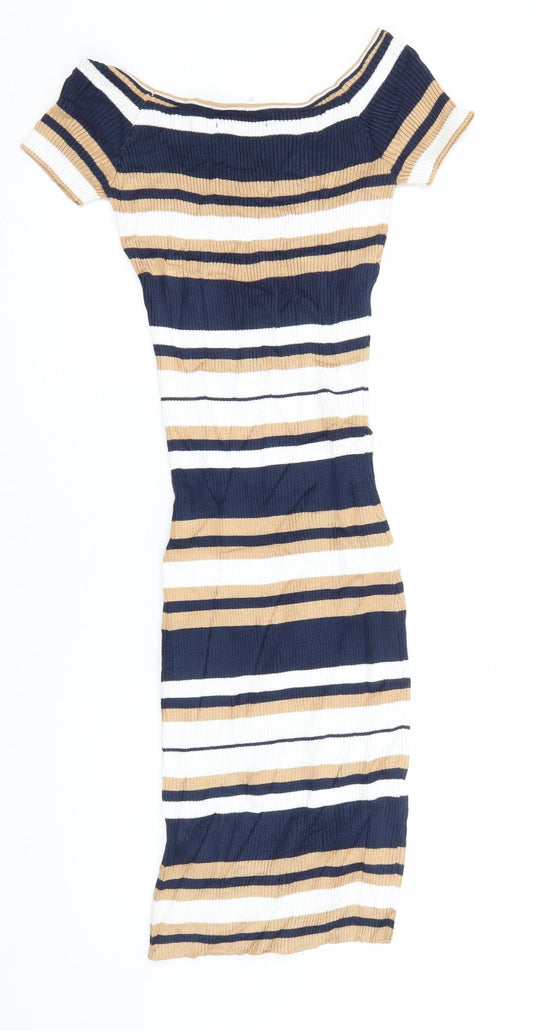 Preworn Womens Blue Striped Viscose Pencil Dress Size S Round Neck