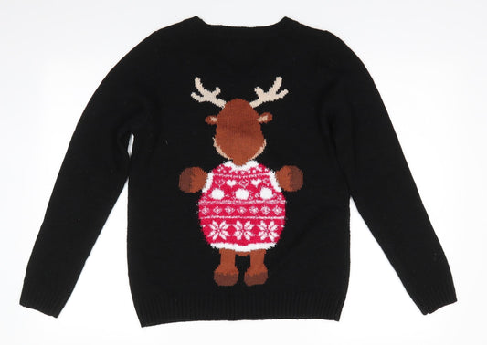 Florence and Fred Womens Black Round Neck Animal Print Acrylic Pullover Jumper Size 8 - Reindeer Pom Pom Nose Snowflakes