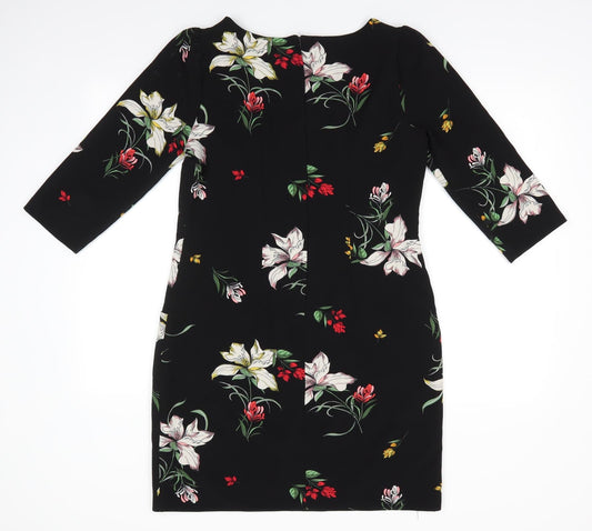 Dorothy Perkins Womens Black Floral Polyester A-Line Size 10 Round Neck - Back Zip Lightly gathered shoulders Yellow White Red flowers Patch Pockets