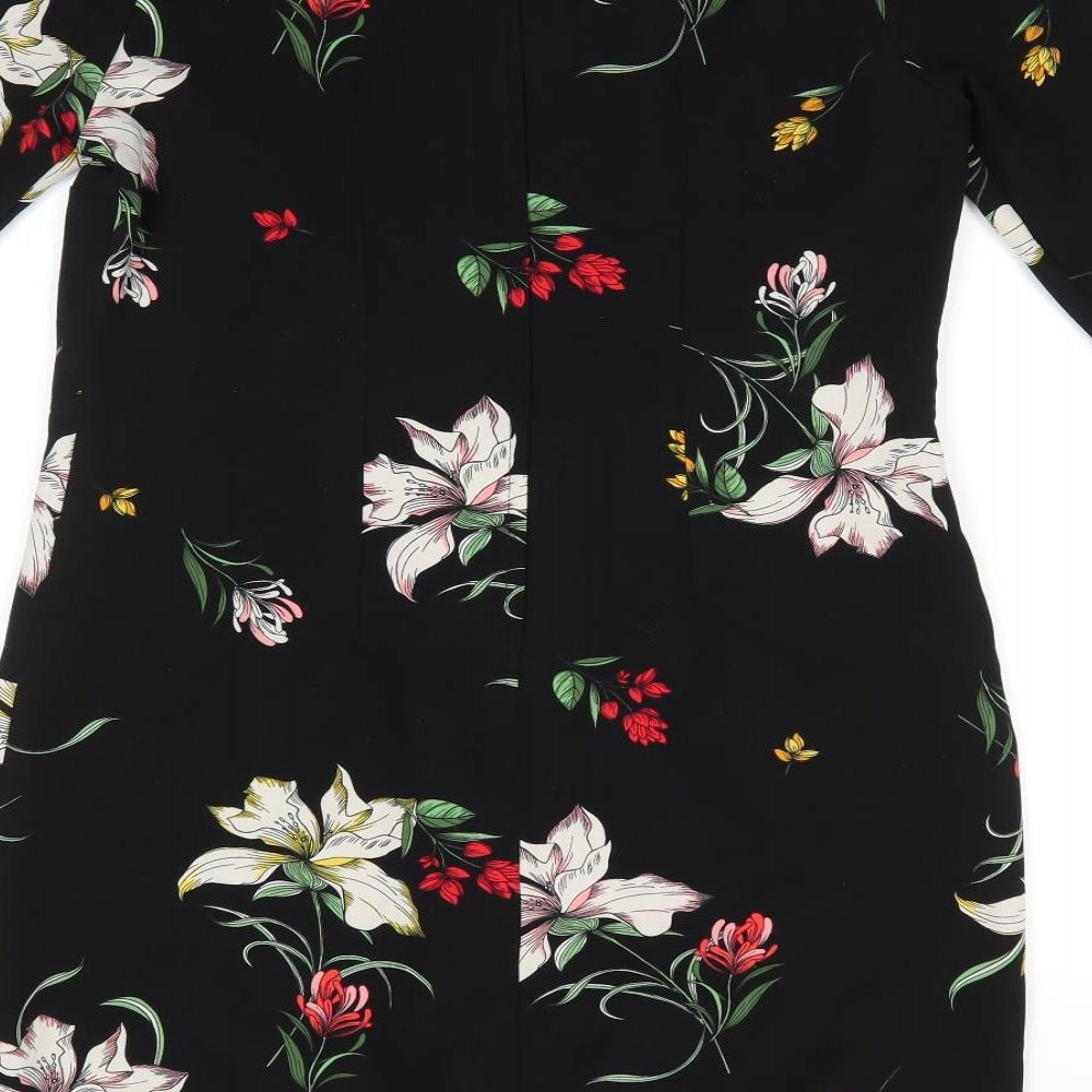 Dorothy Perkins Womens Black Floral Polyester A-Line Size 10 Round Neck - Back Zip Lightly gathered shoulders Yellow White Red flowers Patch Pockets