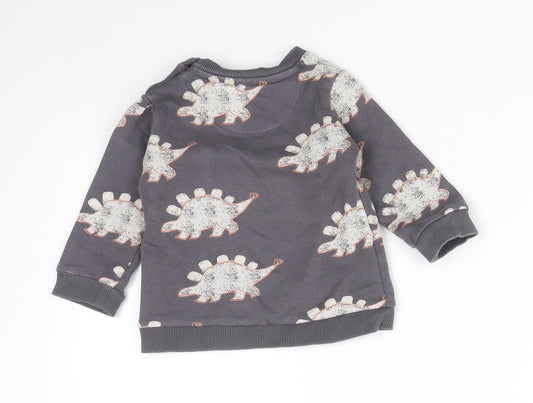M&S Boys Grey Animal Print Cotton Basic T-Shirt Size 6-9 Months Crew Neck - DINOSAURS