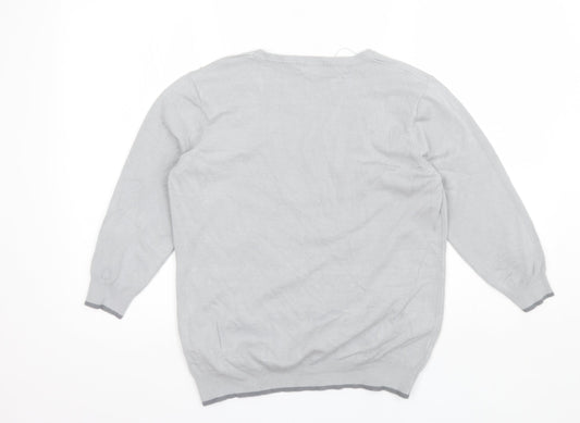 Classic Womens Grey Round Neck Floral Acrylic Pullover Jumper Size M