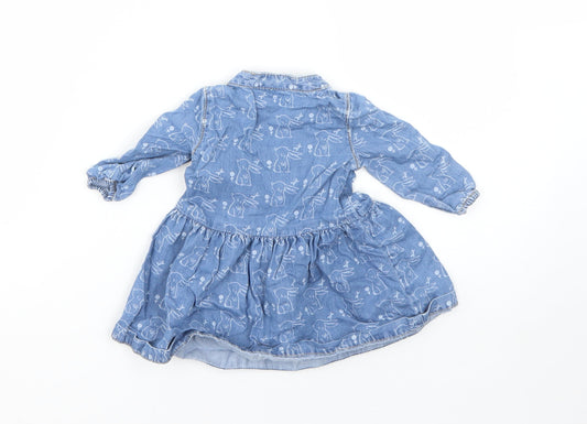Mini Club Girls Blue Cotton Shirt Dress Size 0-3 Months Round Neck - rabbit