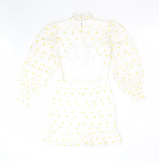 Boohoo Womens White Floral Polyester Fit & Flare Size 6 Mock Neck