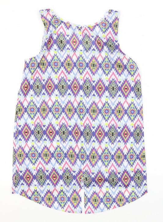Dunnes Stores Womens Blue Geometric Polyester Basic Tank Size 10 Round Neck