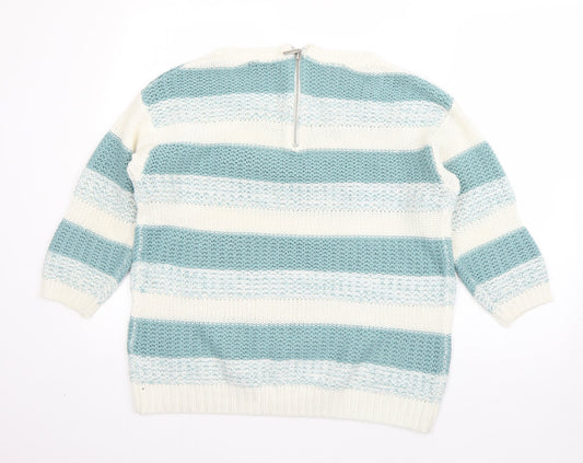 BM Womens White High Neck Striped Acrylic Pullover Jumper Size M