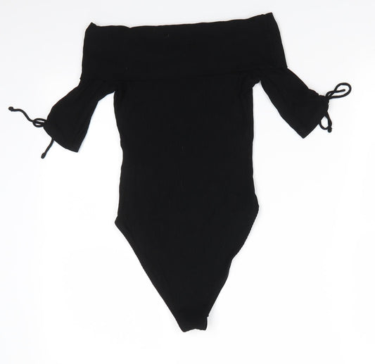 Topshop Womens Black Viscose Bodysuit One-Piece Size 8 Snap - Drawstring sleeves Ribbed fabric