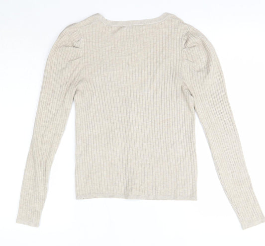 Lefties Womens Beige V-Neck Polyester Cardigan Jumper Size M