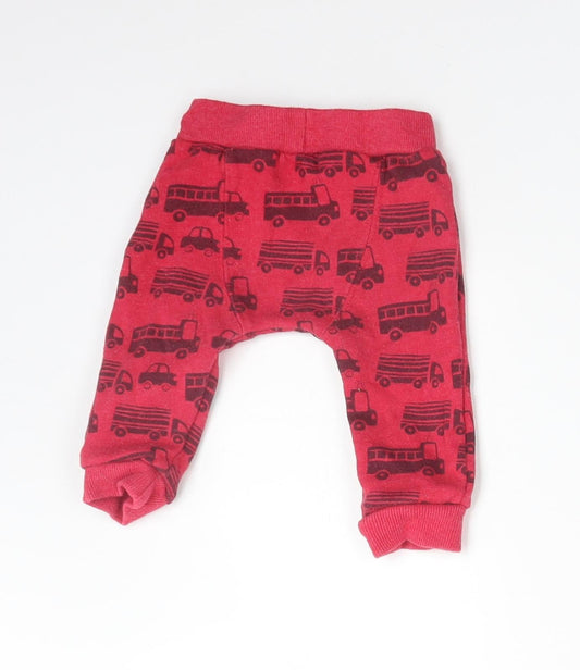 F&F Boys Red Cotton Jogger Trousers Size 3-6 Months - VEHICLES