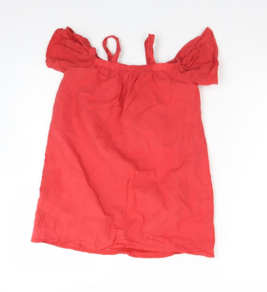 Primark Girls Red Floral Cotton A-Line Size 7-8 Years Square Neck