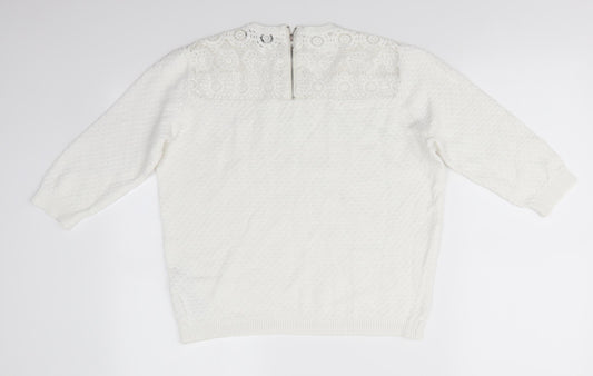 New Look Womens White Round Neck Cotton Pullover Jumper Size 12 - Shoulder & Back lace panel Back Zip