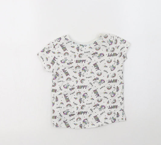Primark Girls White Geometric Cotton Basic T-Shirt Size 3-4 Years Crew Neck - Unicorn Print