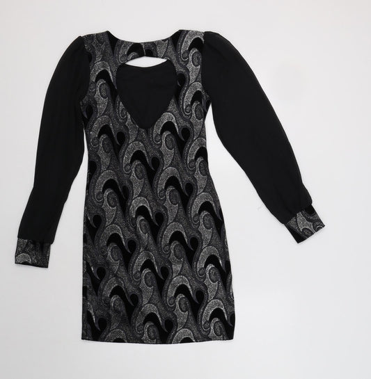 Diva Womens Black Geometric Polyester Bodycon Size 8 Round Neck