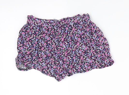 Primark Girls Black Floral Viscose Paperbag Shorts Size 2-3 Years Regular Drawstring - Pink Purple White flowers