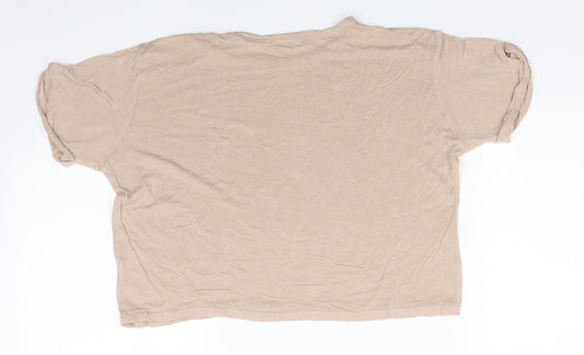 PRETTYLITTLETHING Womens Beige Viscose Basic T-Shirt Size 6 Round Neck - Mocha colour Turn ups on sleeve