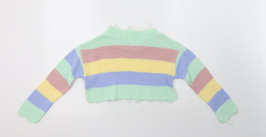 I-X London Womens Multicoloured Crew Neck Striped Acrylic Henley Jumper Size S - Cropped