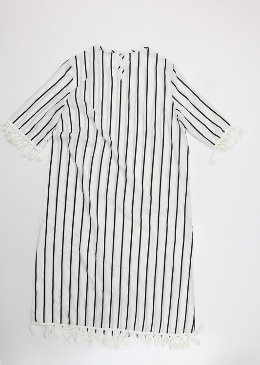 SheIn Womens White Striped Polyester A-Line Size L Crew Neck Button