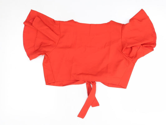 Preworn Womens Orange Polyester Cropped Blouse Size M V-Neck