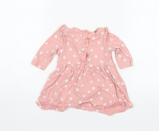 Matalan Girls Pink Polka Dot Cotton A-Line Size 3-6 Months Round Neck