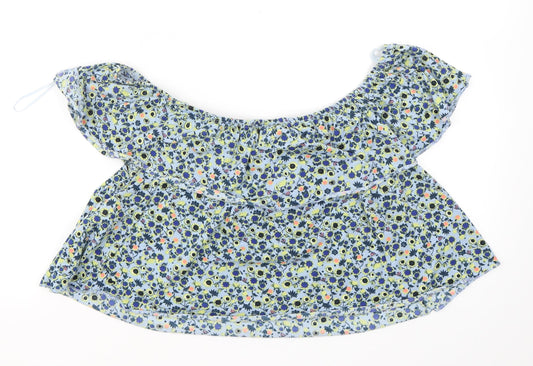 Topshop Womens Blue Floral Polyester Cropped T-Shirt Size 12 Off the Shoulder