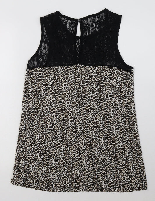 Preworn Womens Brown Animal Print Polyamide Basic Tank Size 12 Crew Neck - lace detail at top