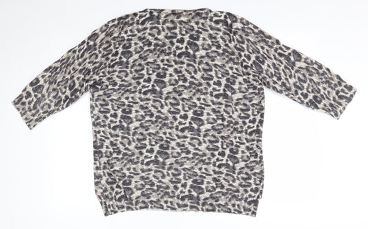 BM Womens Brown Round Neck Animal Print Viscose Pullover Jumper Size L