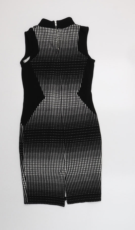 NEXT Womens Black Geometric Cotton Bodycon Size 8 Mock Neck Zip
