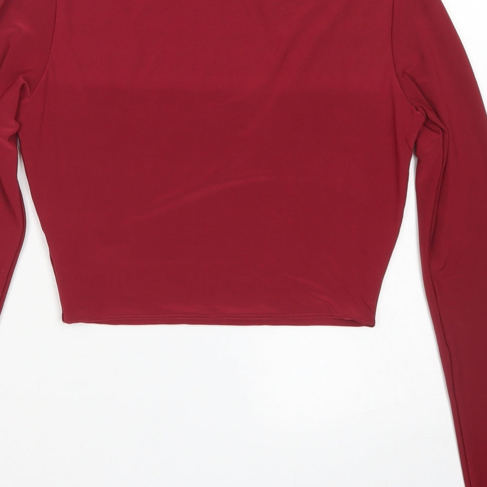 PRETTYLITTLETHING Womens Red Polyester Cropped T-Shirt Size 4 Mock Neck
