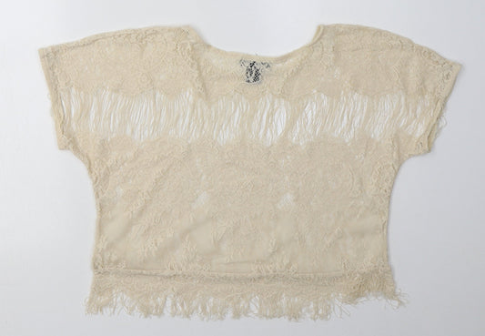 miss chevous Womens White Nylon Basic T-Shirt Size L Crew Neck - Lace Detail