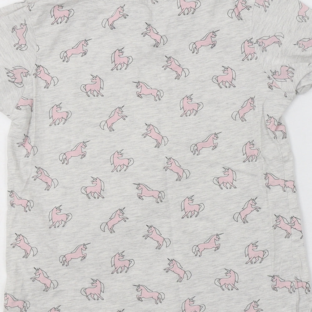 Primark Girls Grey Geometric Cotton Basic T-Shirt Size 10-11 Years Crew Neck - Unicorn Print
