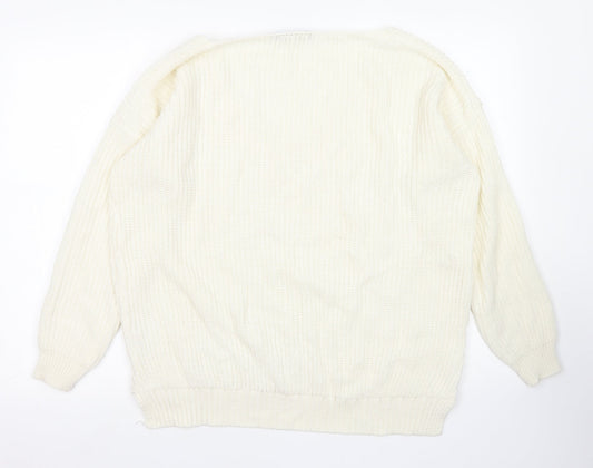 Boohoo Womens White V-Neck Acrylic Pullover Jumper Size S