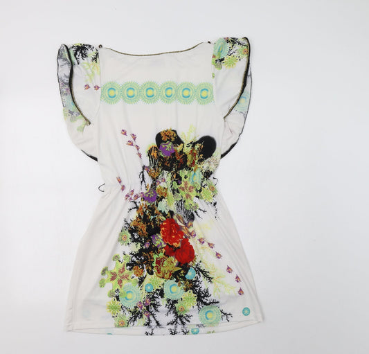 Jasmine Womens White Floral Polyester Fit & Flare Size S Boat Neck