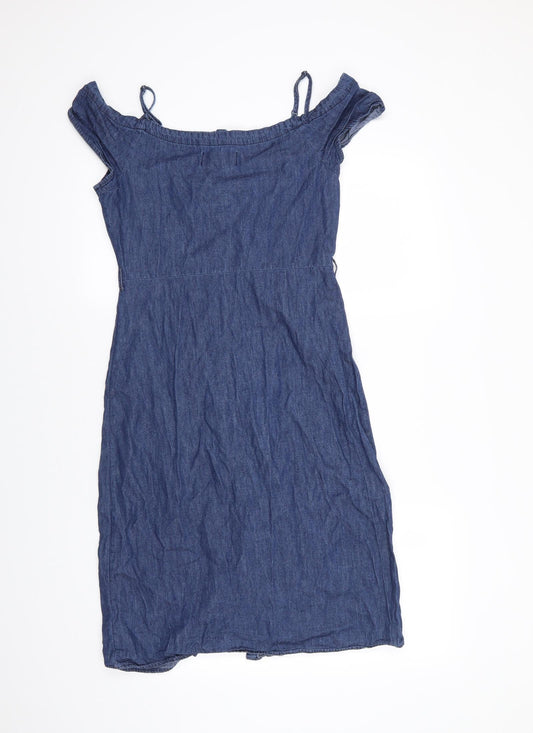 N ew Look Womens Blue Cotton A-Line Size 8 Boat Neck Button