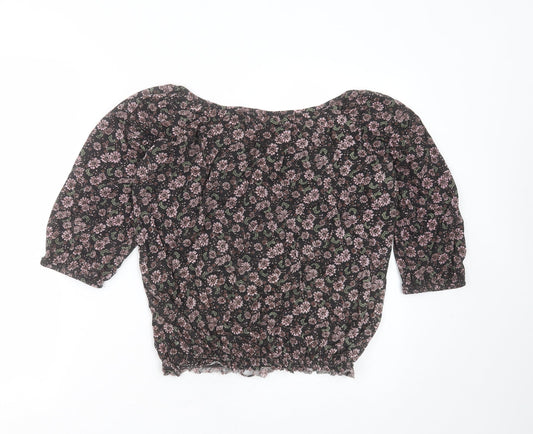 New Look Womens Black Floral Polyester Blend Basic Blouse Size 12 Round Neck