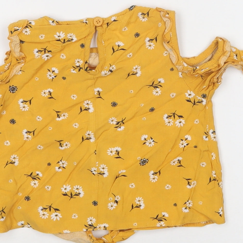 Primark Girls Yellow Floral Viscose Basic Blouse Size 2-3 Years Crew Neck Button