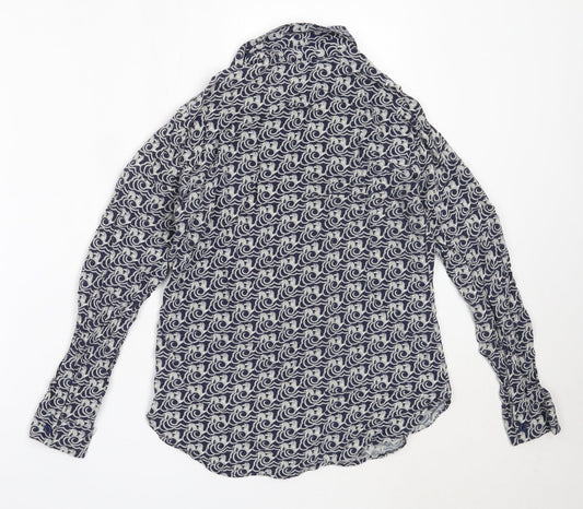 Warehouse Womens Blue Geometric Viscose Basic Button-Up Size 6 Collared