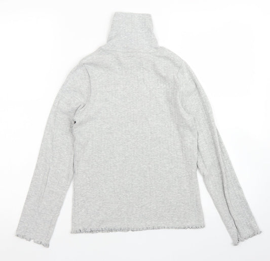 M&S Girls Grey Cotton Pullover T-Shirt Size 10-11 Years High Neck - Lettuce edging