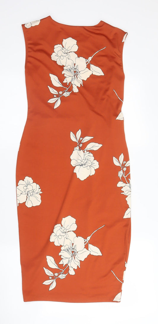 M&S Womens Orange Floral Polyester Sheath Size 6 Round Neck