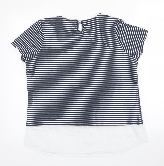 M&Co Womens Blue Striped Cotton Basic Blouse Size 14 Round Neck