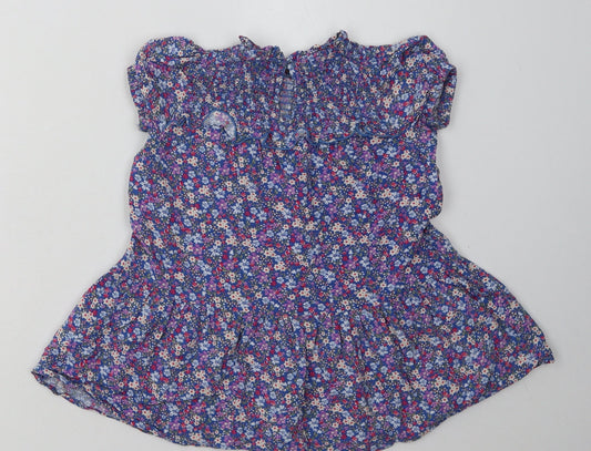 NEXT Girls Blue Floral Viscose A-Line Size 4 Years Crew Neck Button